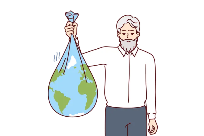 Old Man Litters Environment By Holding Garbage Bag In Shape Of Planet Earth As Metaphor For Environmental Pollution By Business Businessman Reminds About Importance Of Caring For Environment Illustration