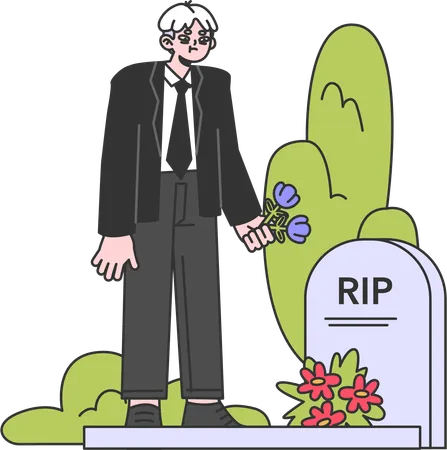 Old man keeps flower at his wife's graveyard  Illustration