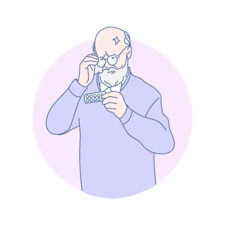 Old man looking at medicine packet  Illustration