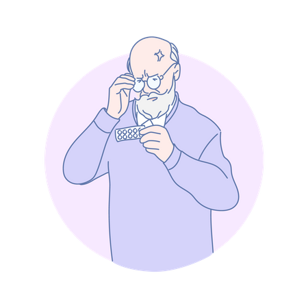 Old man looking at medicine packet  Illustration