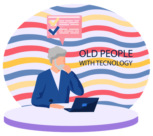 Old man looking for information and surfing internet Illustration