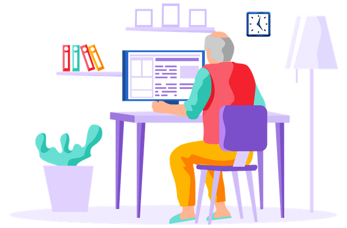 Old man looking for information and surfing internet  Illustration