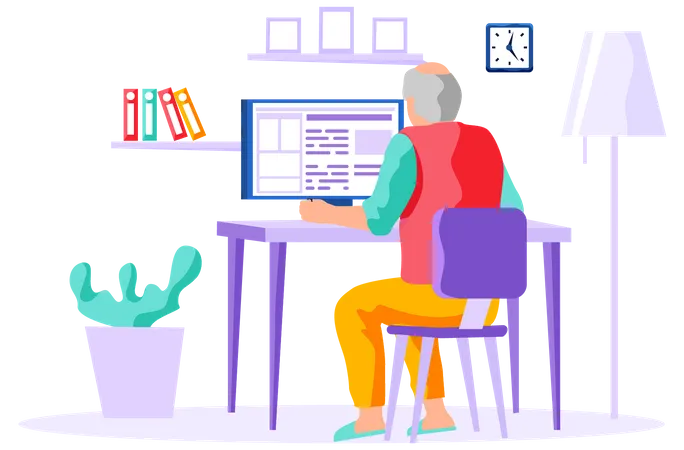 Old man looking for information and surfing internet Illustration