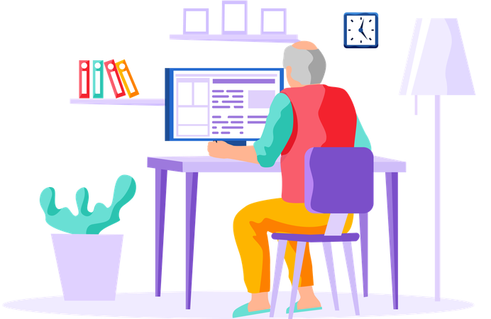 Old man looking for information and surfing internet  Illustration