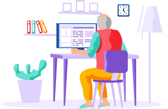 Old man looking for information and surfing internet  Illustration