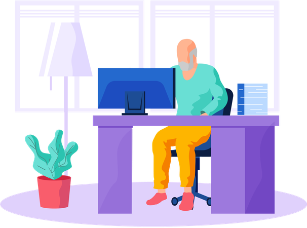 Old man looking for information and surfing internet  Illustration
