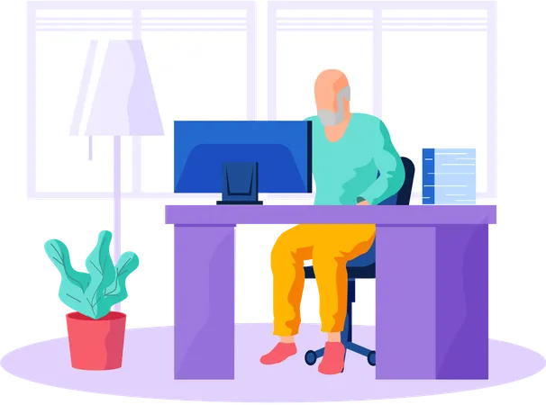 Old man looking for information and surfing internet  Illustration