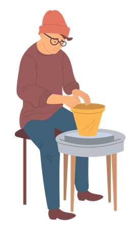 Old man making pottery using clay  Illustration