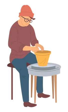 Old man making pottery using clay  イラスト