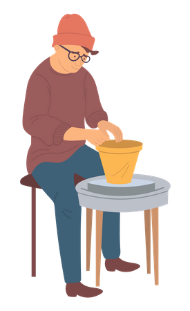 Old man making pottery using clay  일러스트레이션