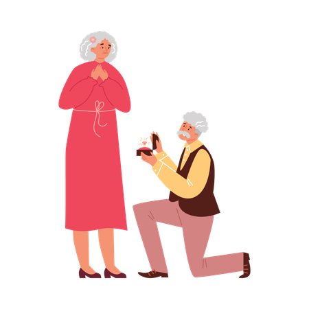 Old man on knee marriage proposal with beautiful ring  Illustration