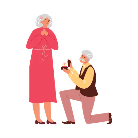 Old man on knee marriage proposal with beautiful ring  Illustration