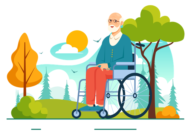 Old man on wheelchair exploring outdoor  Illustration