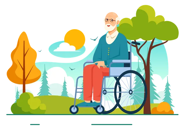 Old man on wheelchair exploring outdoor  Illustration