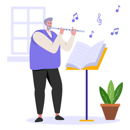 Old man playing flute  Illustration