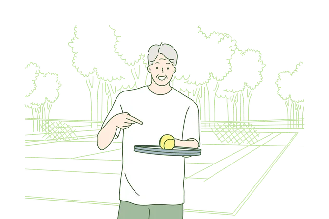 Old Man Playing Tennis Concept Happy Grandfather Oldster Senior Citizen Cartoon Character Standing With Ball And Racket Game On Court Looking Straight At Camera Sport Recreation And Active Lifestyle Illustration
