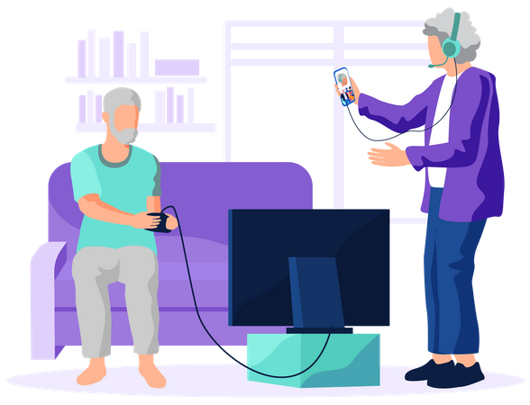 Old man playing video game and aged woman chatting on video call  Illustration