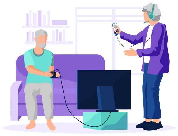 Old man playing video game and aged woman chatting on video call  Illustration