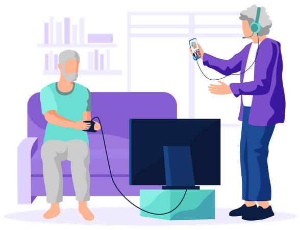 Old man playing video game and aged woman chatting on video call Illustration