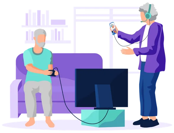 Old man playing video game and aged woman chatting on video call Illustration