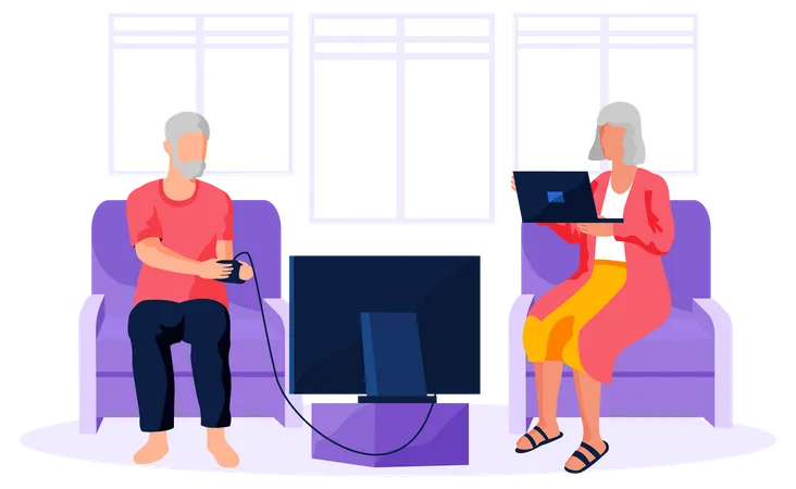 Old man playing video game and aged woman working on laptop Illustration