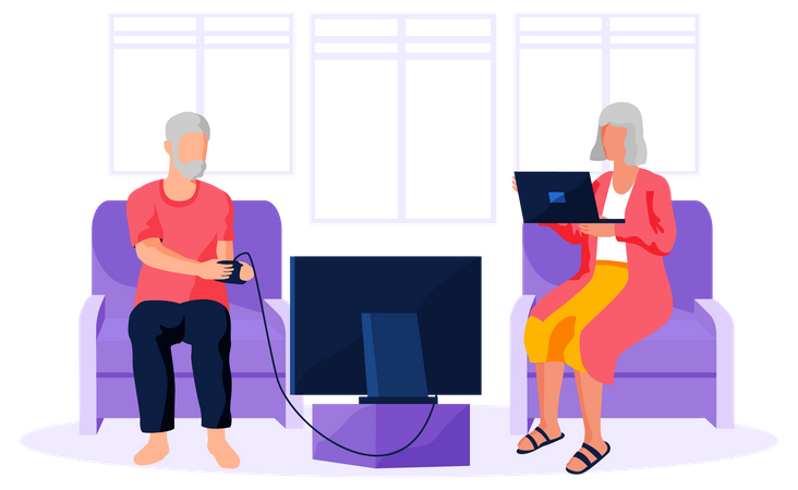 Old man playing video game and aged woman working on laptop  Illustration