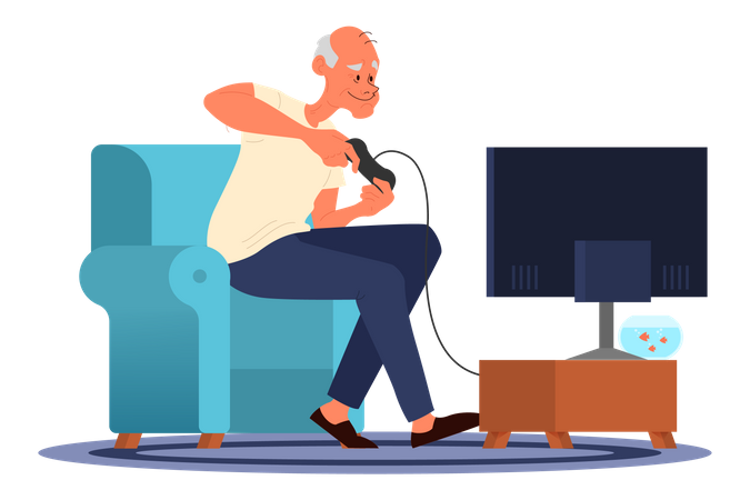 Old man playing video games Illustration