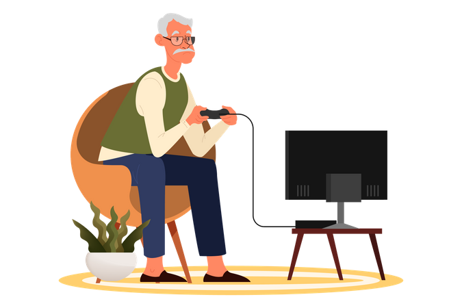 Old man playing video games Illustration