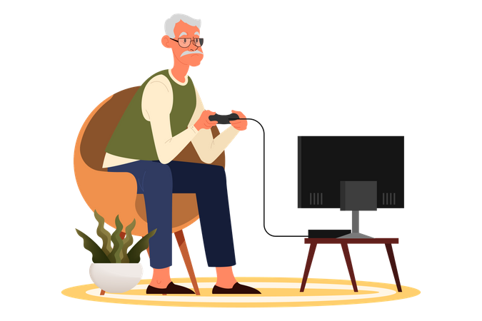 Old man playing video games  Illustration