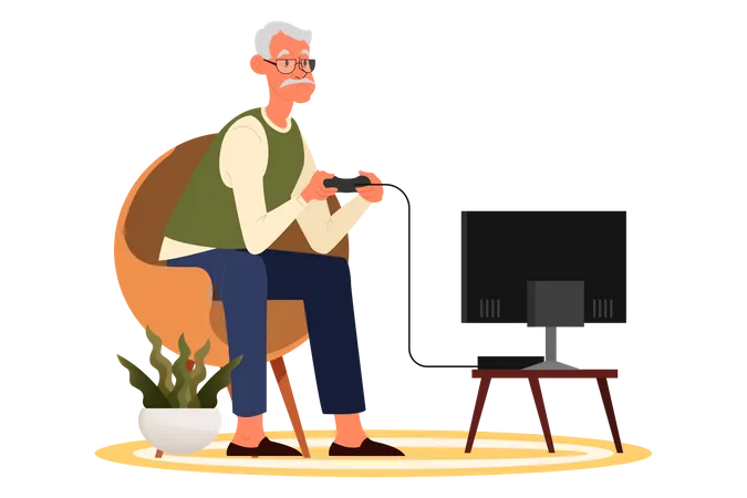 Old man playing video games  Illustration