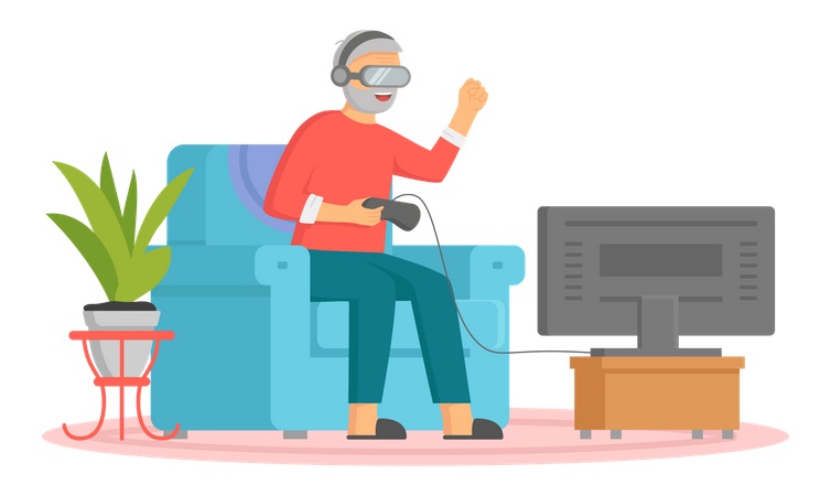 Old man playing VR game Illustration
