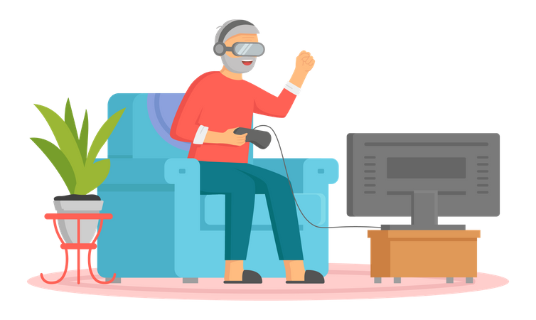 Old man playing VR game  Illustration