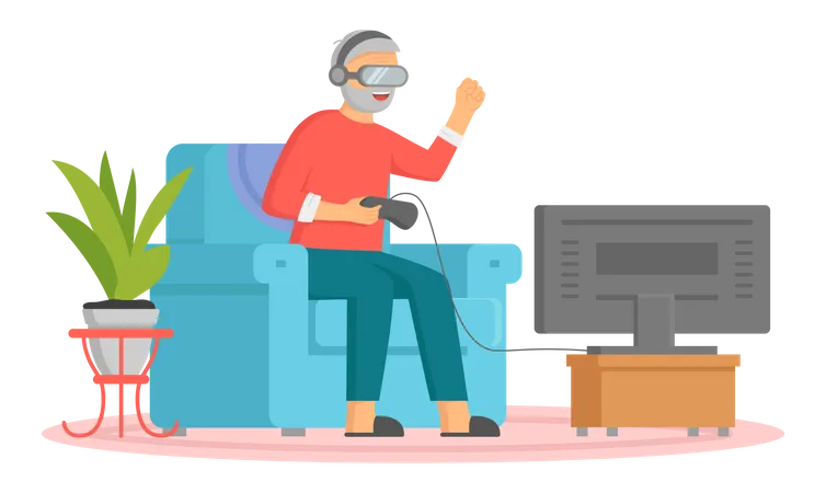 Old man playing VR game  Illustration