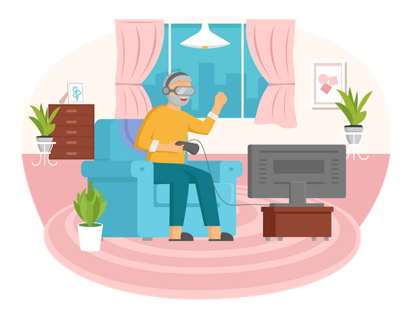 Old man playing VR video game Illustration