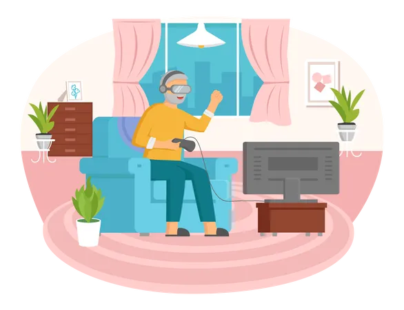 Old man playing VR video game  Illustration