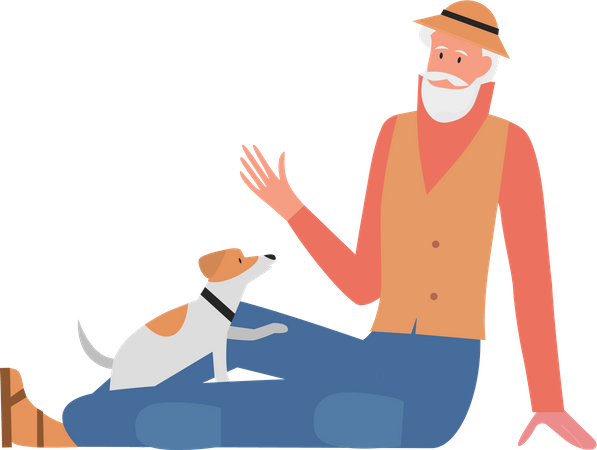 Old man playing with dog  Illustration