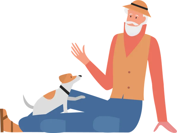 Old man playing with dog  Illustration