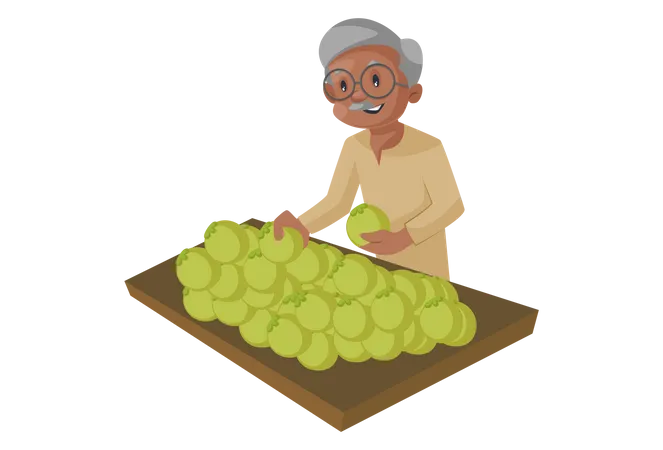 Old man purchasing fruits or vegetables from a street stall Illustration