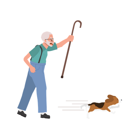 Old man Pursuing His Pet Dog  Illustration