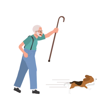 Angry Elderly Man Determinedly Pursuing His Energetic Dog Old Man Pursuing His Pet Dog Illustration