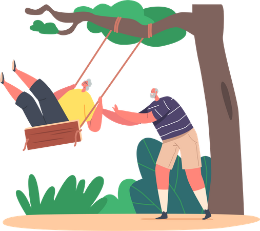 Old Man Pushing Elderly Woman Sitting on Wooden Teeterboard Hanging on Tree  Illustration