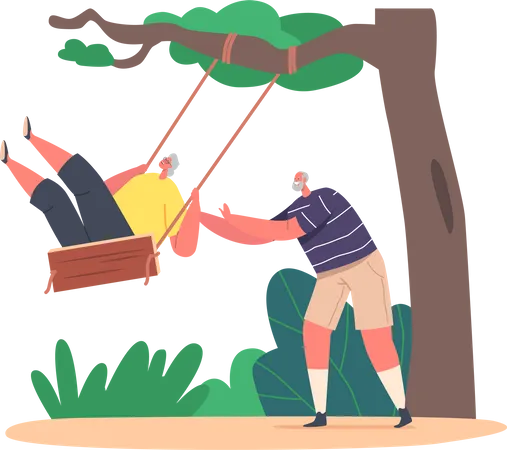 Old Man Pushing Elderly Woman Sitting on Wooden Teeterboard Hanging on Tree  Illustration