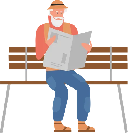 Old man reading news paper at garden  Illustration