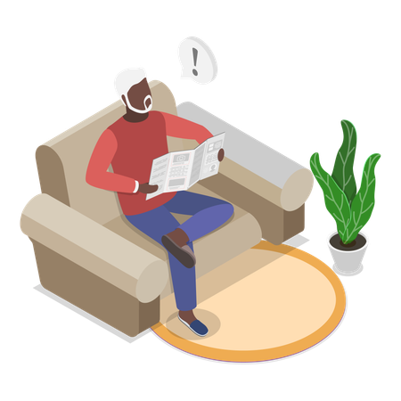 Old man reading newspaper while sitting at home  Illustration