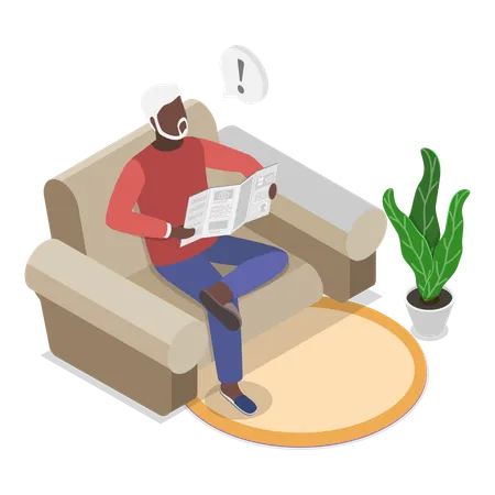 Old man reading newspaper while sitting at home  Illustration