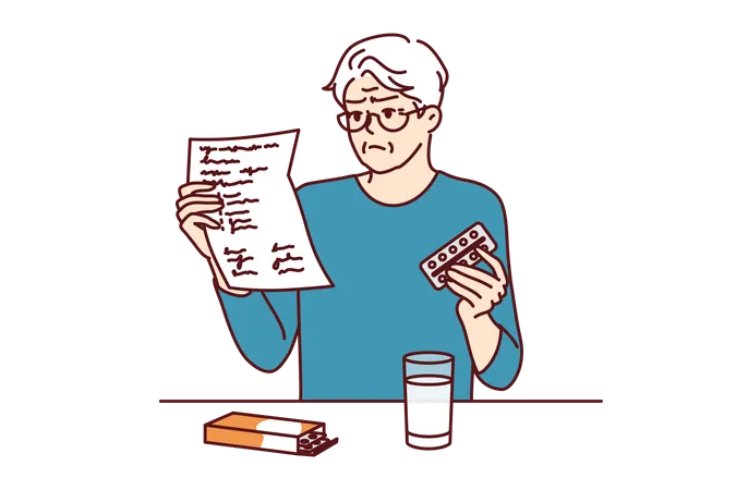 Old man reading prescription and holding medicine  イラスト