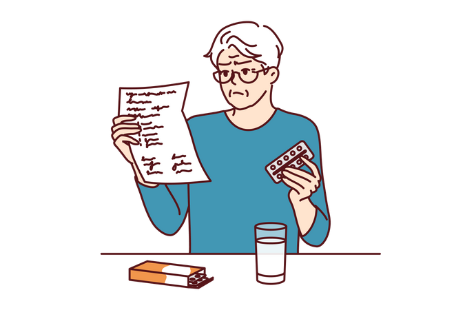 Old man reading prescription and holding medicine  Illustration