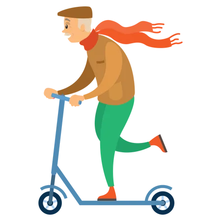 Old man riding kick scooter Illustration