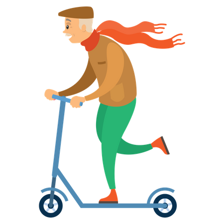 Old man riding kick scooter  Illustration