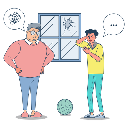 Old man scolding young boy for breaking window Illustration
